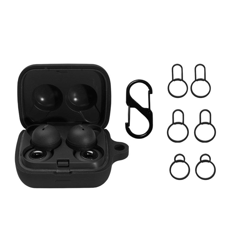 For Sony Linkbuds/WF-L900 Earphone Charging Case Silicone Protective Cover with 3 Sizes Ear Tips and Hanging Buckle - Black
