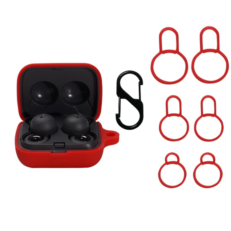 For Sony Linkbuds/WF-L900 Earphone Charging Case Silicone Protective Cover with 3 Sizes Ear Tips and Hanging Buckle - Red