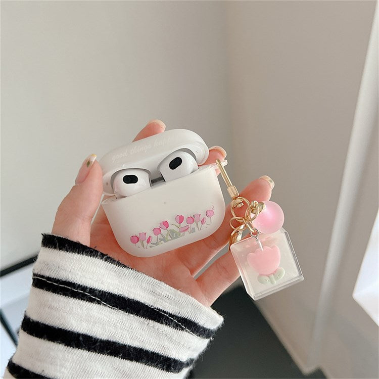 For Apple AirPods 3 Stylish Tulip Pattern Soft TPU Protective Cover Earphone Case with Flower Pendant