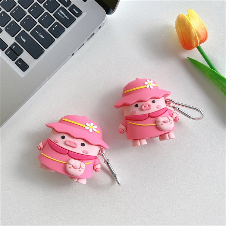 For Apple AirPods with Charging Case (2016)/(2019)/AirPods with Wireless Charging Case (2019) Piggy with Hat Design Shockproof Earphone Silicone Case Charging Box Protective Cover with Hook
