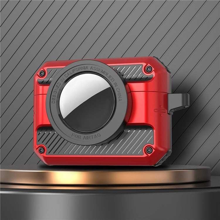 2 in 1 Protective Case for AirPods 3+AirTag Auto Spring Opening Bluetooth Earbuds Cover with Anti-Lost Hook - Red