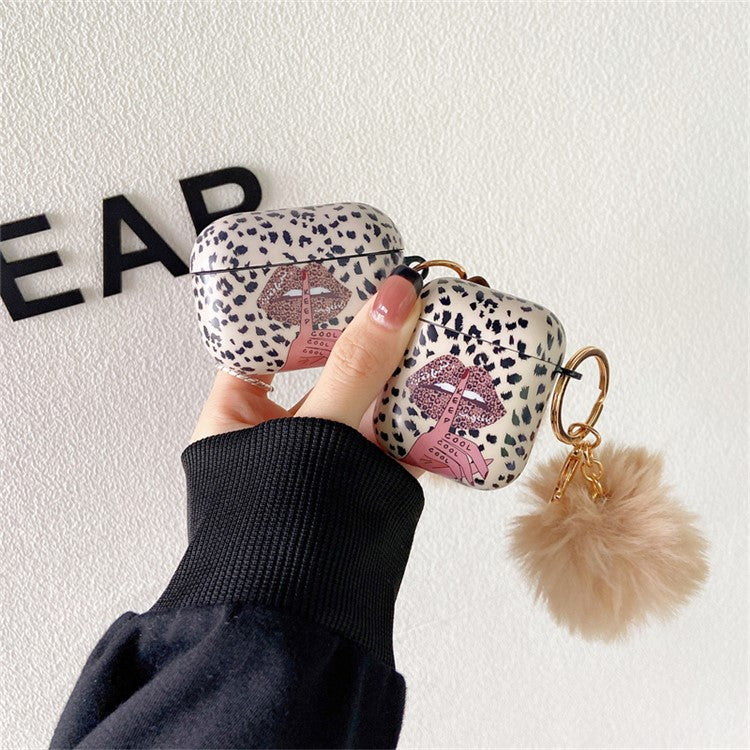 For Apple AirPods with Charging Case (2016) / (2019) / AirPods with Wireless Charging Case (2019) Anti-Drop Cover Lip Leopard Pattern TPU Headset Case with Hair-Ball Pendant