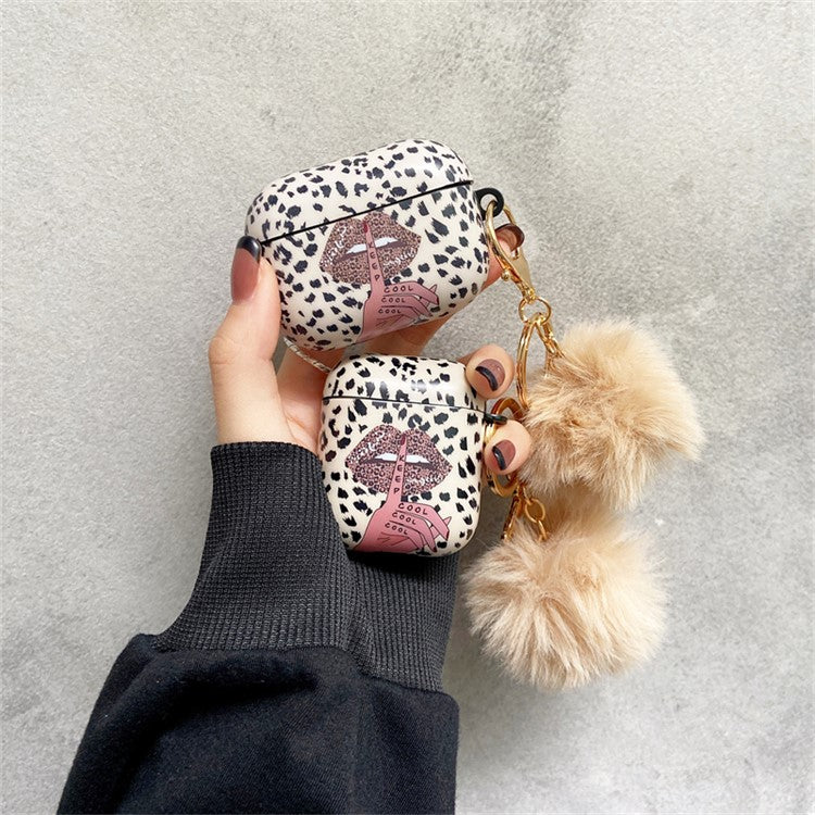 For Apple AirPods with Charging Case (2016) / (2019) / AirPods with Wireless Charging Case (2019) Anti-Drop Cover Lip Leopard Pattern TPU Headset Case with Hair-Ball Pendant
