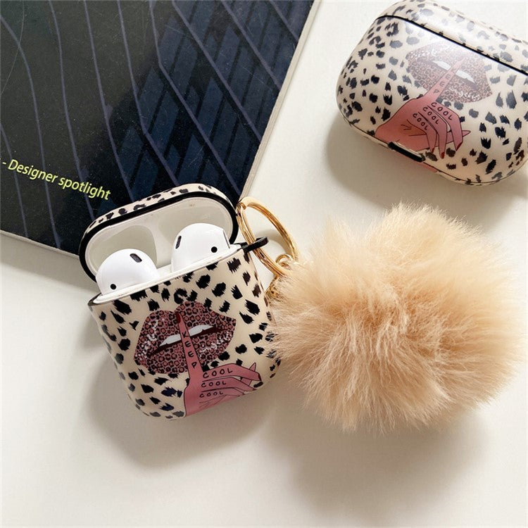 For Apple AirPods with Charging Case (2016) / (2019) / AirPods with Wireless Charging Case (2019) Anti-Drop Cover Lip Leopard Pattern TPU Headset Case with Hair-Ball Pendant