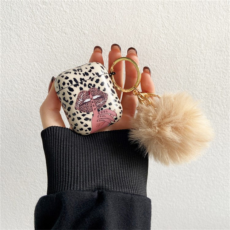 For Apple AirPods with Charging Case (2016) / (2019) / AirPods with Wireless Charging Case (2019) Anti-Drop Cover Lip Leopard Pattern TPU Headset Case with Hair-Ball Pendant