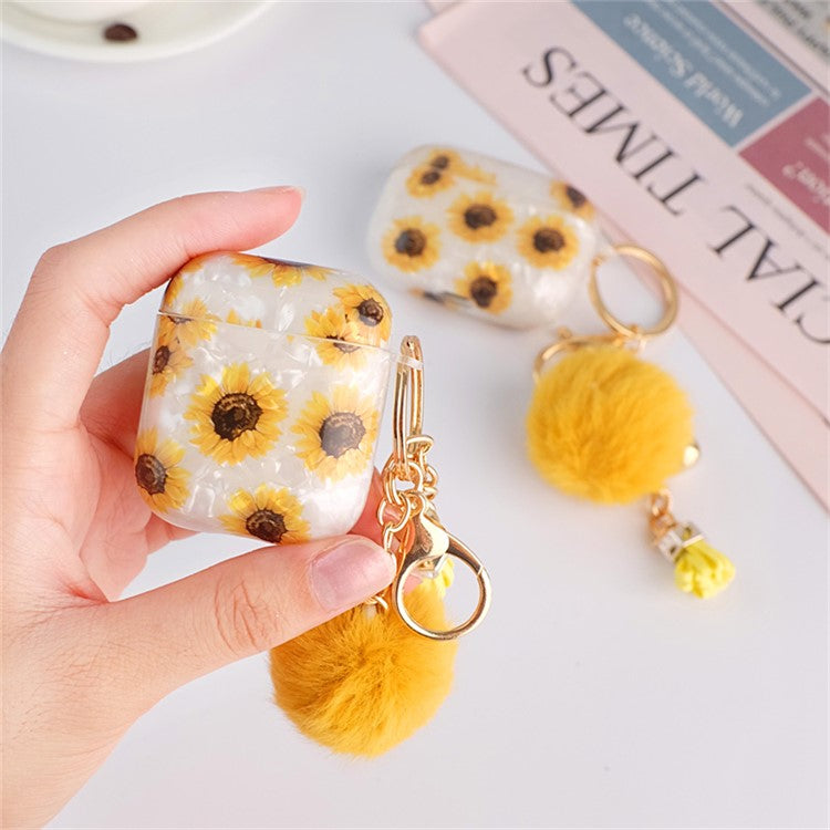 For Apple AirPods with Charging Case (2016) / (2019) / AirPods with Wireless Charging Case (2019) Shockproof TPU Cover Shell Texture Sunflower Pattern Headset Case with Hair-Ball Pendant