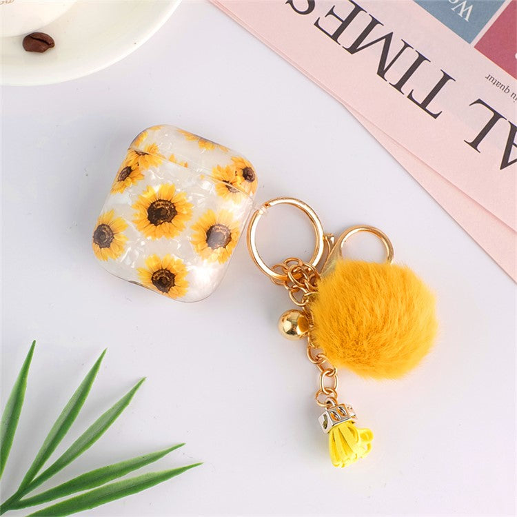 For Apple AirPods with Charging Case (2016) / (2019) / AirPods with Wireless Charging Case (2019) Shockproof TPU Cover Shell Texture Sunflower Pattern Headset Case with Hair-Ball Pendant