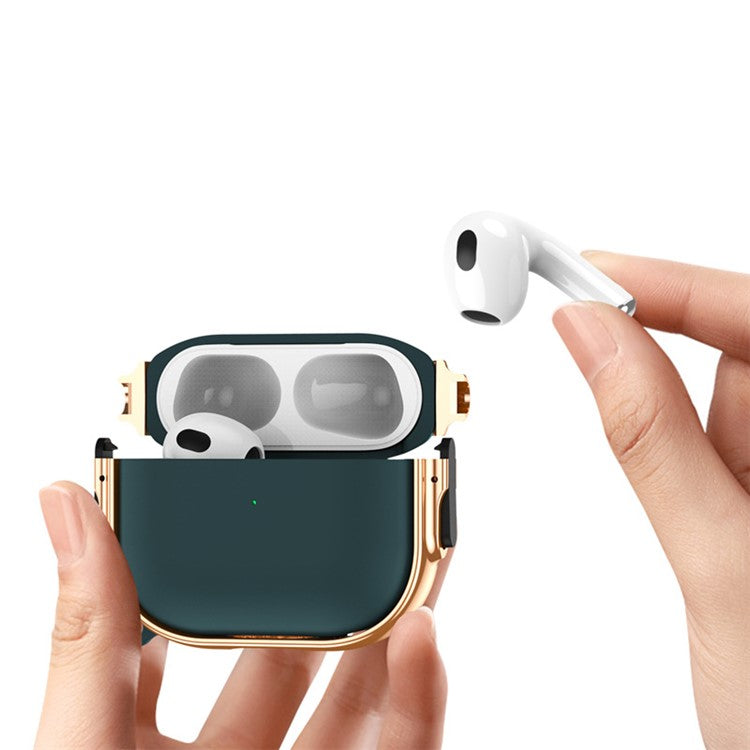 For Apple AirPods 3 Charging Case Cover Anti-Drop TPU+PC Electroplating Case Bluetooth Earbuds Protector with Dual Side Lock / Ring Buckle - Gold / Green