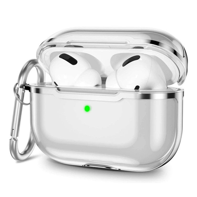 KKDJ865 For AirPods Pro 2 Transparent Earphone Case Soft TPU Hard PC Drop Proof Full Body Protective Electroplating Cover with Carabiner Hook - Transparent / Silver