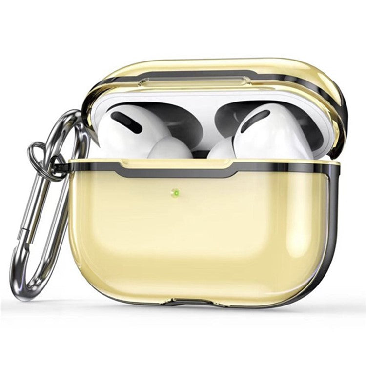 KKDJ865 For AirPods Pro 2 Transparent Earphone Case Soft TPU Hard PC Drop Proof Full Body Protective Electroplating Cover with Carabiner Hook - Transparent Gold / Black