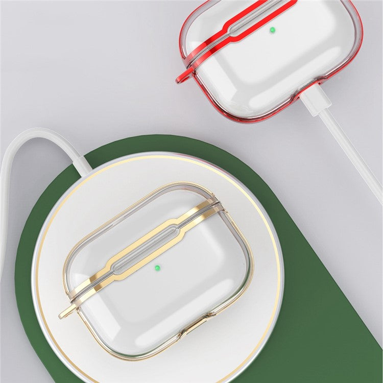 KKDJ865 For AirPods Pro 2 Transparent Earphone Case Soft TPU Hard PC Drop Proof Full Body Protective Electroplating Cover with Carabiner Hook - Transparent Gold / Black