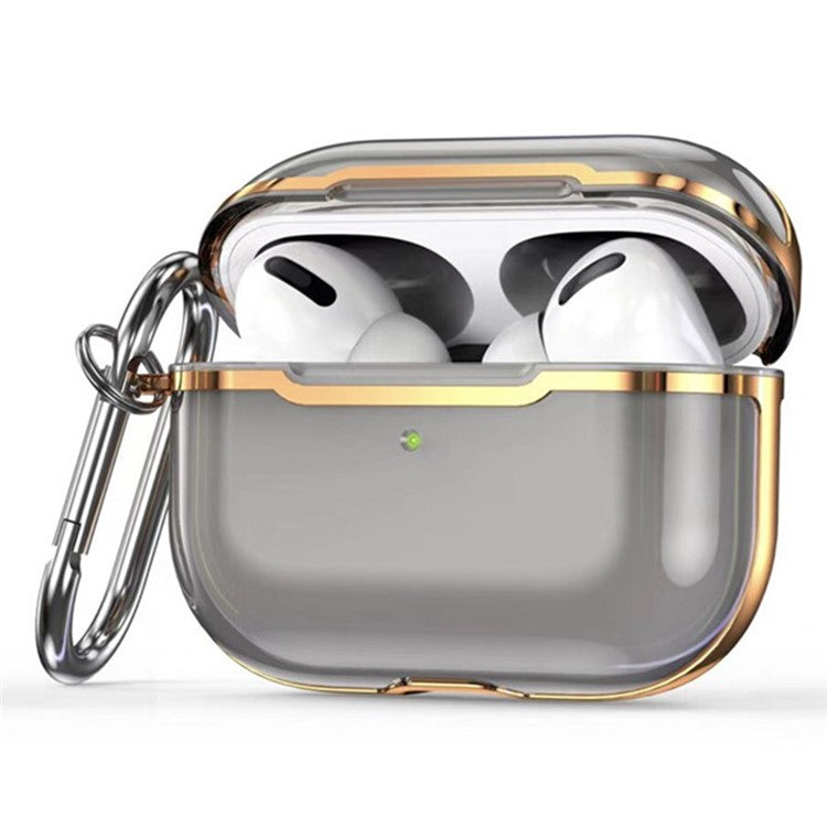 KKDJ865 For AirPods Pro 2 Transparent Earphone Case Soft TPU Hard PC Drop Proof Full Body Protective Electroplating Cover with Carabiner Hook - Transparent Black / Gold