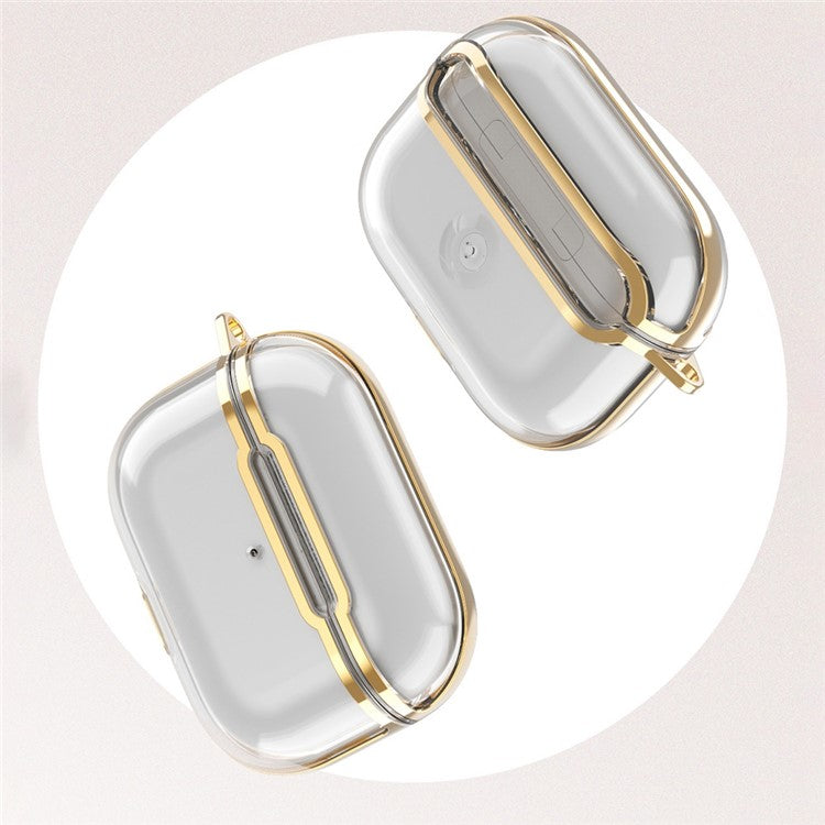 KKDJ865 For AirPods Pro 2 Transparent Earphone Case Soft TPU Hard PC Drop Proof Full Body Protective Electroplating Cover with Carabiner Hook - Transparent Black / Gold
