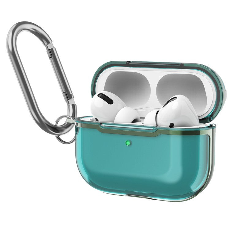 KKDJ865 For AirPods Pro 2 Transparent Earphone Case Soft TPU Hard PC Drop Proof Full Body Protective Electroplating Cover with Carabiner Hook - Transparent Green / Green