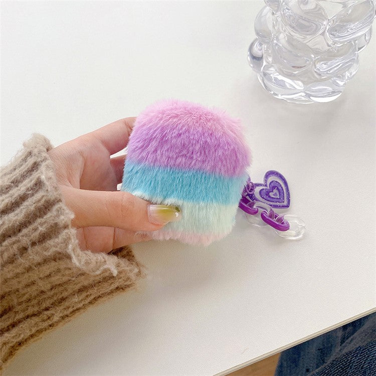 For AirPods with Charging Case (2016) / (2019) / AirPods with Wireless Charging Case (2019) Color Splicing Stylish Plush Earphone Case Winter Protective Cover with Heart Pendant - Purple / Blue