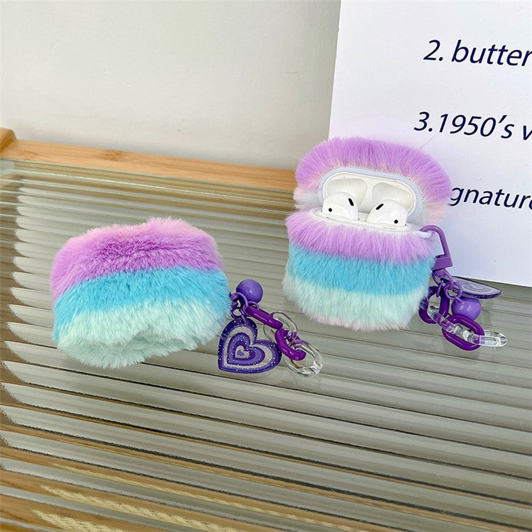 For AirPods with Charging Case (2016) / (2019) / AirPods with Wireless Charging Case (2019) Color Splicing Stylish Plush Earphone Case Winter Protective Cover with Heart Pendant - Purple / Blue