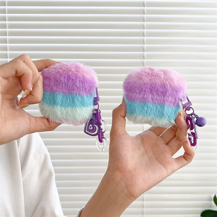 For Apple AirPods 3 Color Splicing Soft Plush Bluetooth Earphone Case Anti-drop Protective Cover with Heart Pendant - Purple / Blue