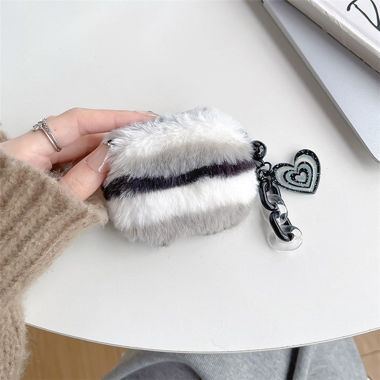 For Apple AirPods Pro Color Splicing Cute Plush Bluetooth Earphone Case Warm Anti-drop Cover with Heart Pendant - Black / White