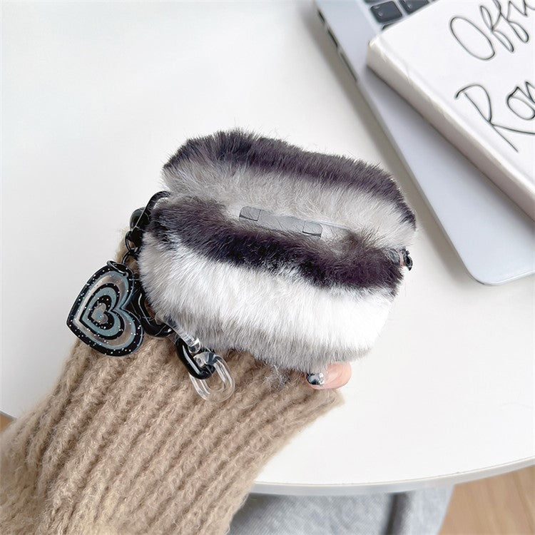 For Apple AirPods Pro Color Splicing Cute Plush Bluetooth Earphone Case Warm Anti-drop Cover with Heart Pendant - Black / White