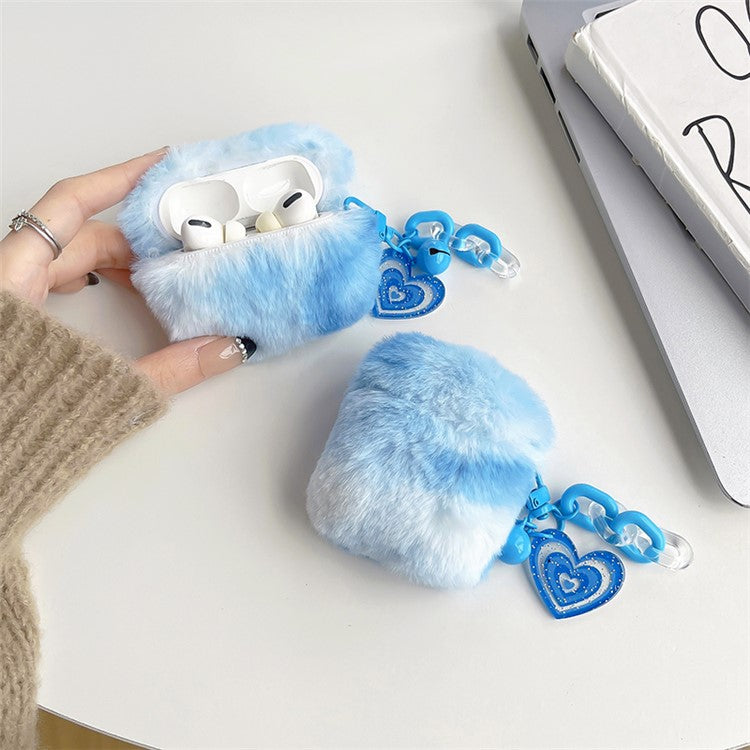 For Apple AirPods Pro Color Splicing Cute Plush Bluetooth Earphone Case Warm Anti-drop Cover with Heart Pendant - Blue / White
