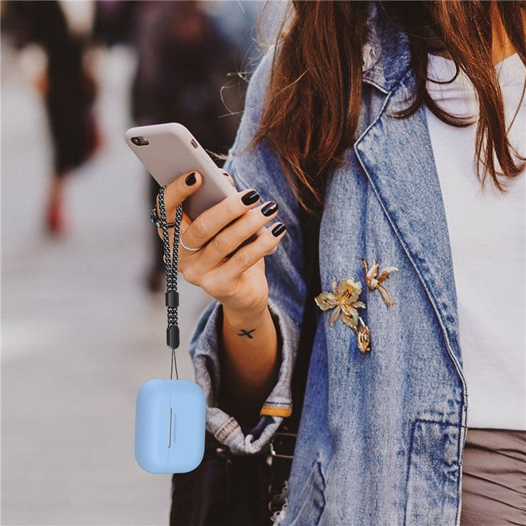 AHASTYLE PT187 For Apple AirPods Pro 2 Bluetooth Earphone Silicone Case Earbud Charging Case Protective Cover with Hand Strap - Sky Blue