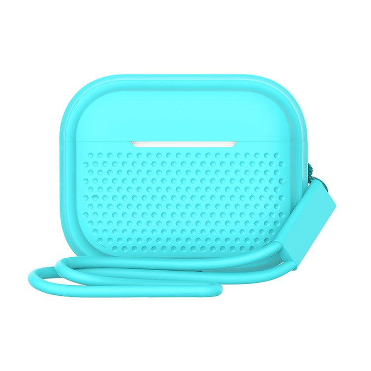 For AirPods Pro 2 Silicone Earphone Case Anti-Fall Anti-Dust Earbud Protection Skin Cover with Strap - Mint Green