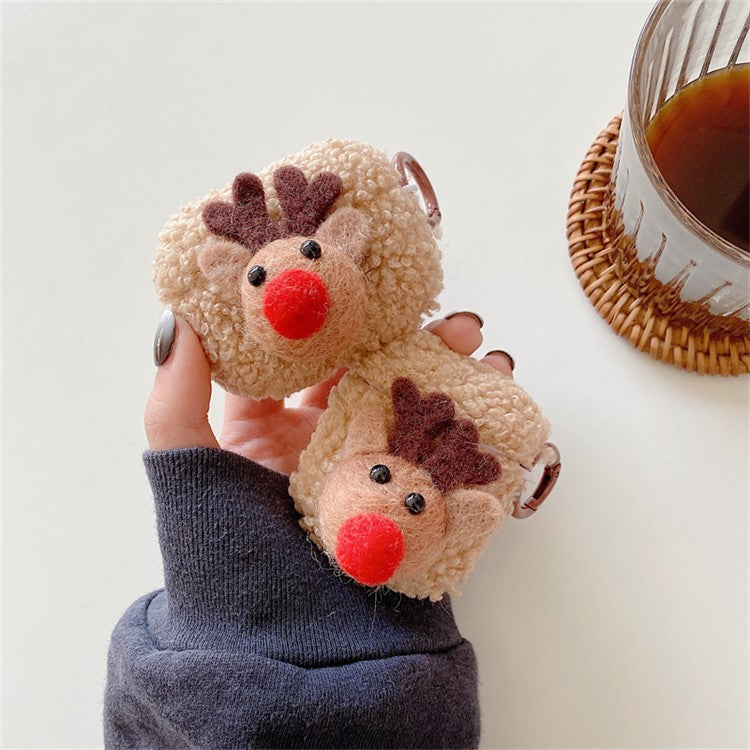 For AirPods with Charging Case (2016) / (2019) / AirPods with Wireless Charging Case (2019) Cute Fluff Christmas Cartoon Design TPU Earphone Case Protective Cover with Ring Buckle - Elk