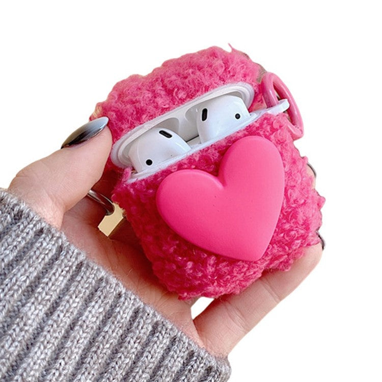 For AirPods with Charging Case (2016) / (2019) / AirPods with Wireless Charging Case (2019) Soft Fluff TPU Protective Cover Heart Decor Anti-drop Earphone Case with Ring Buckle - Rose