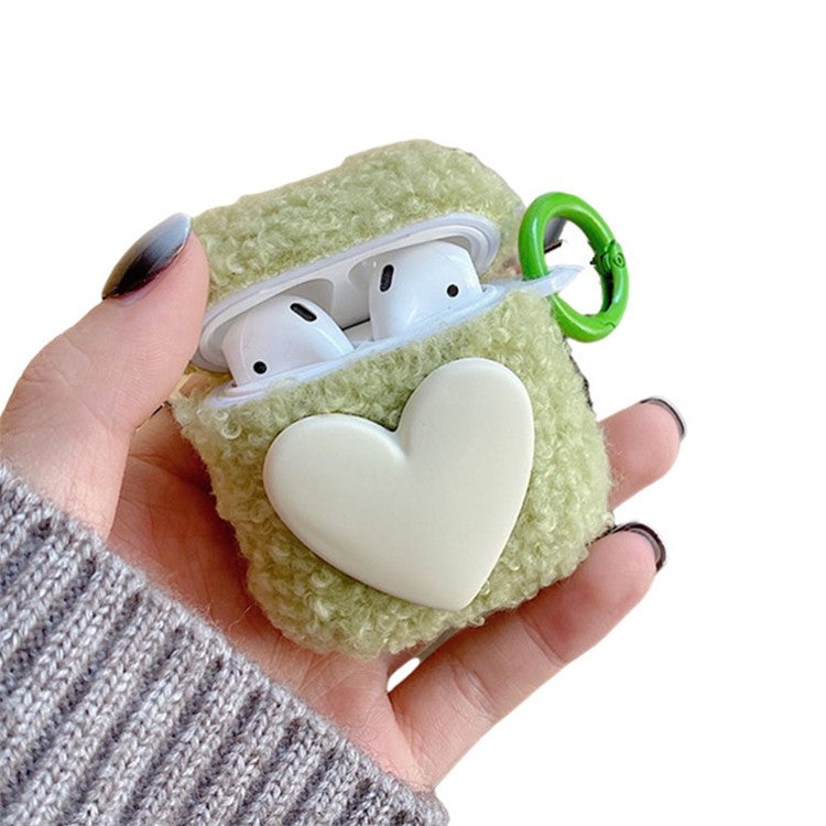 For AirPods with Charging Case (2016) / (2019) / AirPods with Wireless Charging Case (2019) Soft Fluff TPU Protective Cover Heart Decor Anti-drop Earphone Case with Ring Buckle - Green
