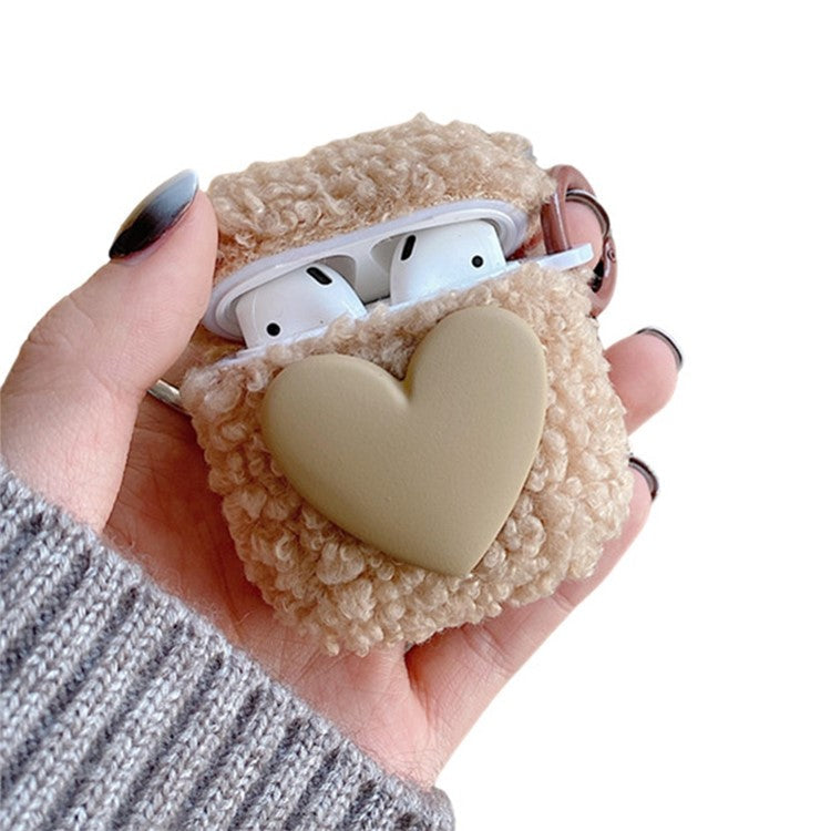 For AirPods with Charging Case (2016) / (2019) / AirPods with Wireless Charging Case (2019) Soft Fluff TPU Protective Cover Heart Decor Anti-drop Earphone Case with Ring Buckle - Khaki