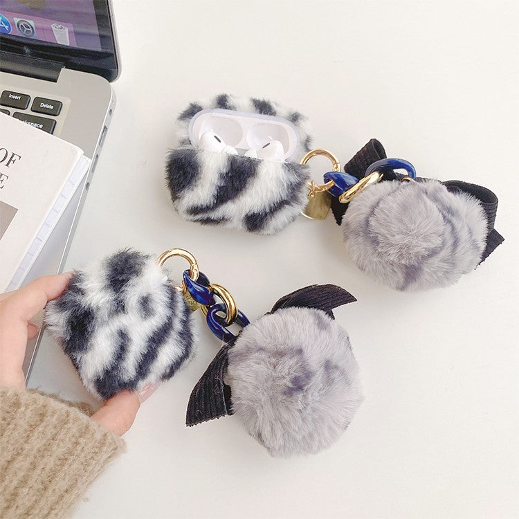 Bluetooth Earbuds Case for Apple AirPods Pro, Leopard Pattern Soft Fake Fur Coated TPU Protective Cover with Bowknot Pompom - Black  /  White
