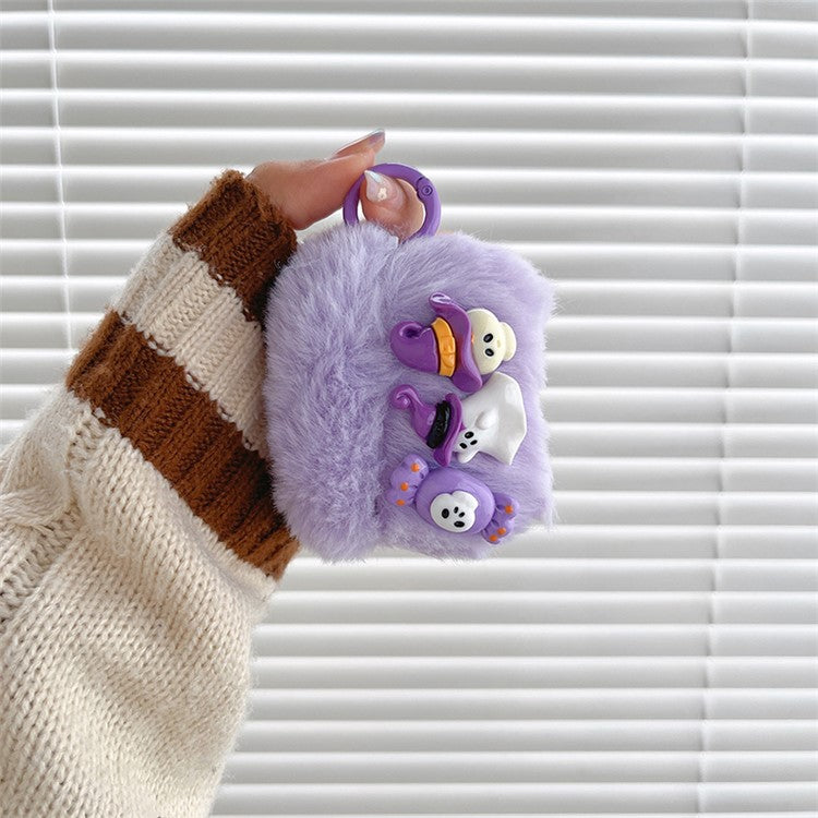 For Apple AirPods Pro Little Ghost Skull Earphone Case Shockproof Soft Fluff Earbud TPU Cover with Ring Buckle - Purple