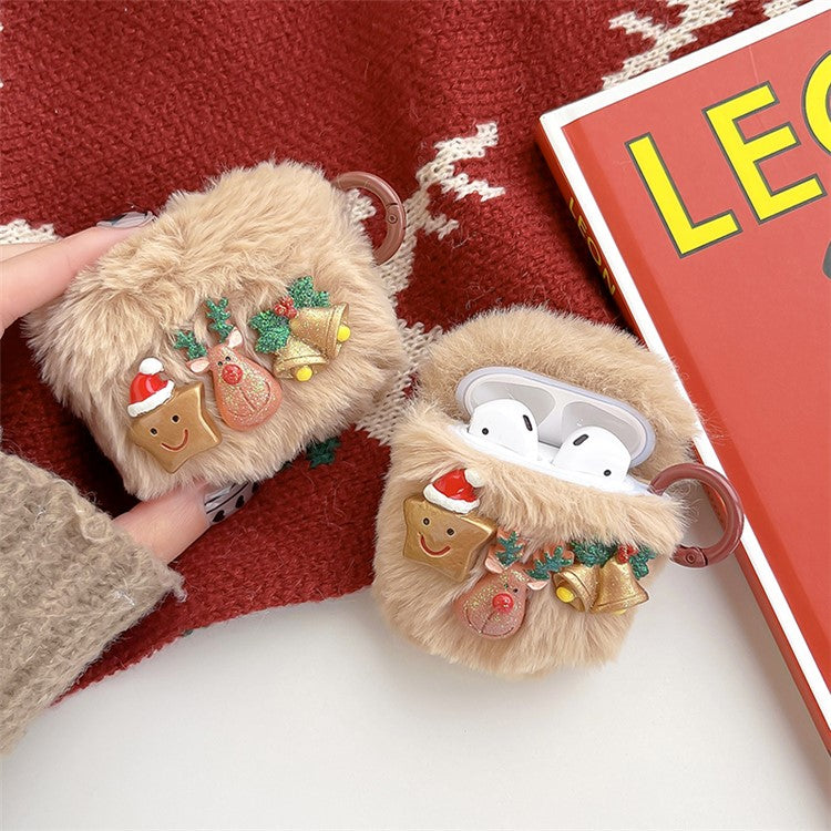 For Apple AirPods with Charging Case (2016)  /  (2019)  /  AirPods with Wireless Charging Case (2019) Christmas Elk Star Bells Earphone Case Fluff Earbud Cover with Ring Buckle