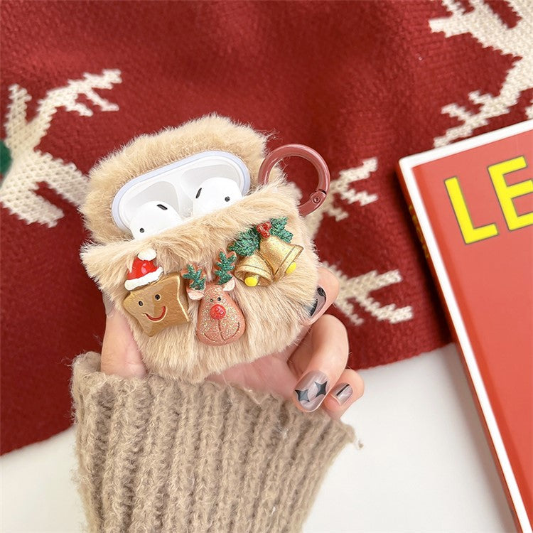 For Apple AirPods with Charging Case (2016)  /  (2019)  /  AirPods with Wireless Charging Case (2019) Christmas Elk Star Bells Earphone Case Fluff Earbud Cover with Ring Buckle