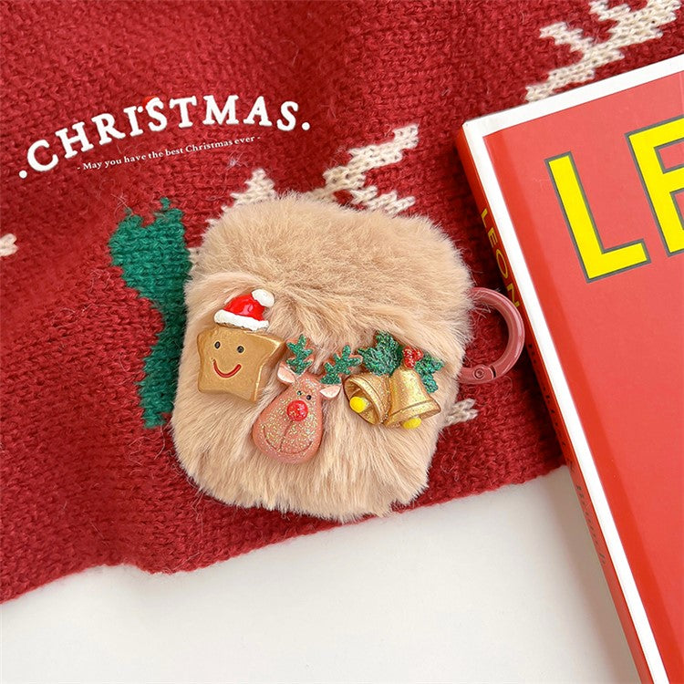 For Apple AirPods with Charging Case (2016)  /  (2019)  /  AirPods with Wireless Charging Case (2019) Christmas Elk Star Bells Earphone Case Fluff Earbud Cover with Ring Buckle