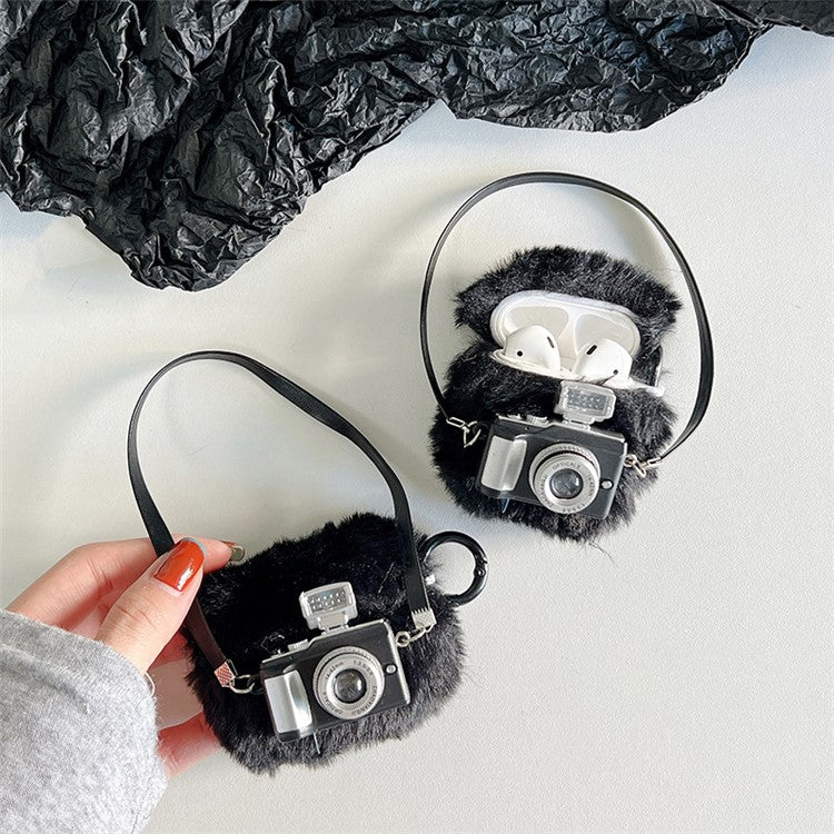 For Apple AirPods with Charging Case (2016)  /  (2019)  /  AirPods with Wireless Charging Case (2019) Light Function Camera Design Fluff + TPU Protective Cover with Hook