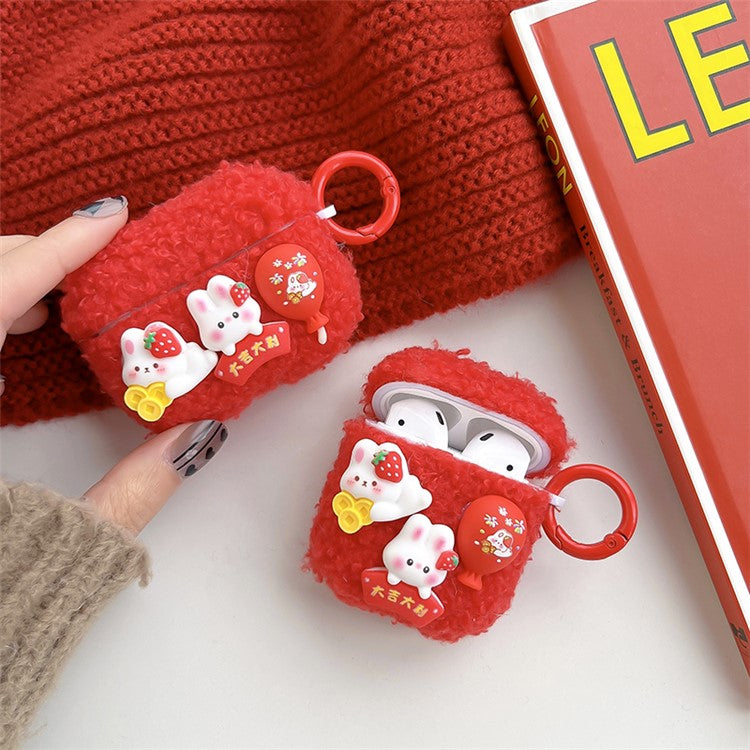 For AirPods with Charging Case (2016)  /  (2019)  /  AirPods with Wireless Charging Case (2019) Cute Rabbit Fluff TPU Earphone Cover Protective Case with Ring Buckle
