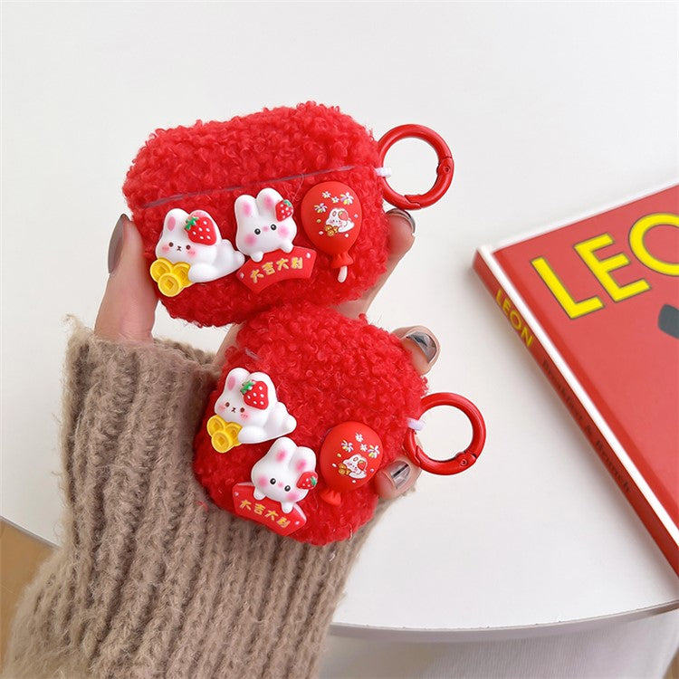 For Apple AirPods 3 Cute Rabbit Decor Anti-scratch Case Soft Fluff TPU Bluetooth Earphone Cover with Ring Buckle