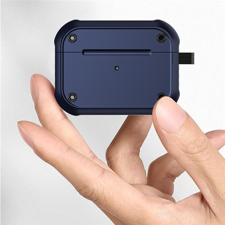 For Apple AirPods Pro Dual-color PC+TPU Earphone Shockproof Case Earbud Charging Box Anti-drop Cover with Carabiner - Blue