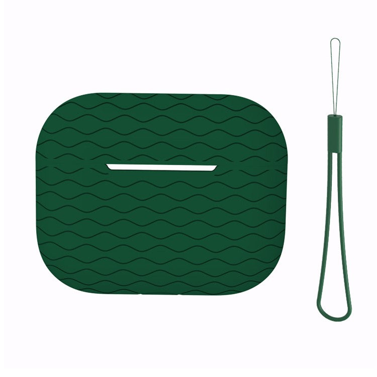 For Apple AirPods Pro 2 Wavy Edge Ocean Style Earphone Silicone Case Bluetooth Earbud Anti-drop Cover with Lanyard - Blackish Green