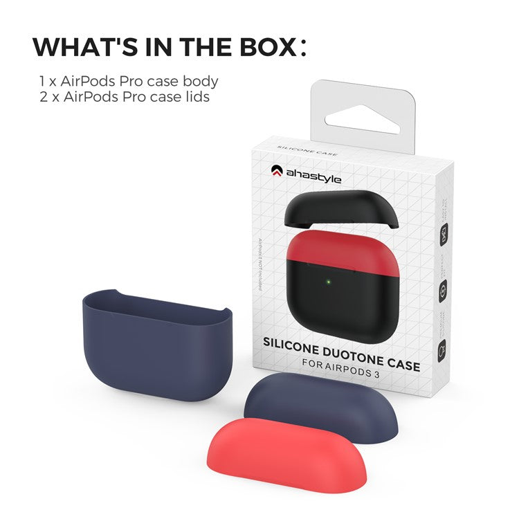 AHASTYLE PT147-2 Silicone Cover for Apple AirPods 3 Case Dual Color TWS Headset Protective Case (2 Caps + 1 Body) - Navy Blue / Red