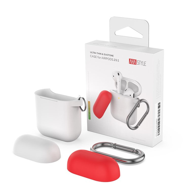 AHASTYLE PT-46 For AirPods with Charging Case (2016) / (2019) / AirPods with Wireless Charging Case (2019) Contrast Color Splittable Cover Silicone Anti-drop Sleeve - Body-Red / Top-Red,Yellow