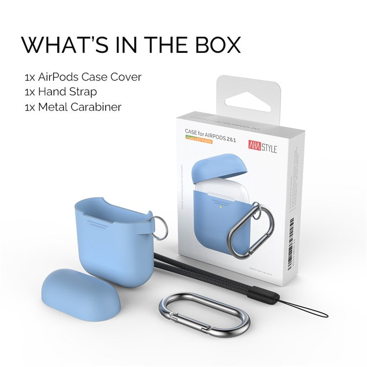 AHASTYLE PT-06-F For AirPods with Charging Case (2016) / (2019) / AirPods with Wireless Charging Case (2019) Anti-dust Plug Design Splittable Silicone Cover with Hook - Lake Blue