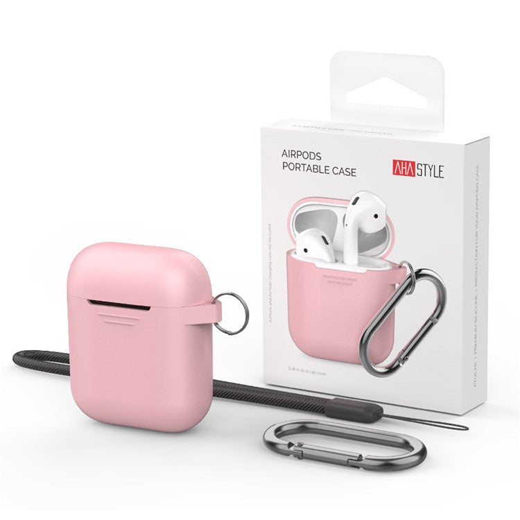 AHASTYLE PT-06-3 For AirPods with Charging Case (2016) / (2019) / AirPods with Wireless Charging Case (2019) Anti-dust Plug Design Soft Silicone Drop-proof Cover with Hook - Pink