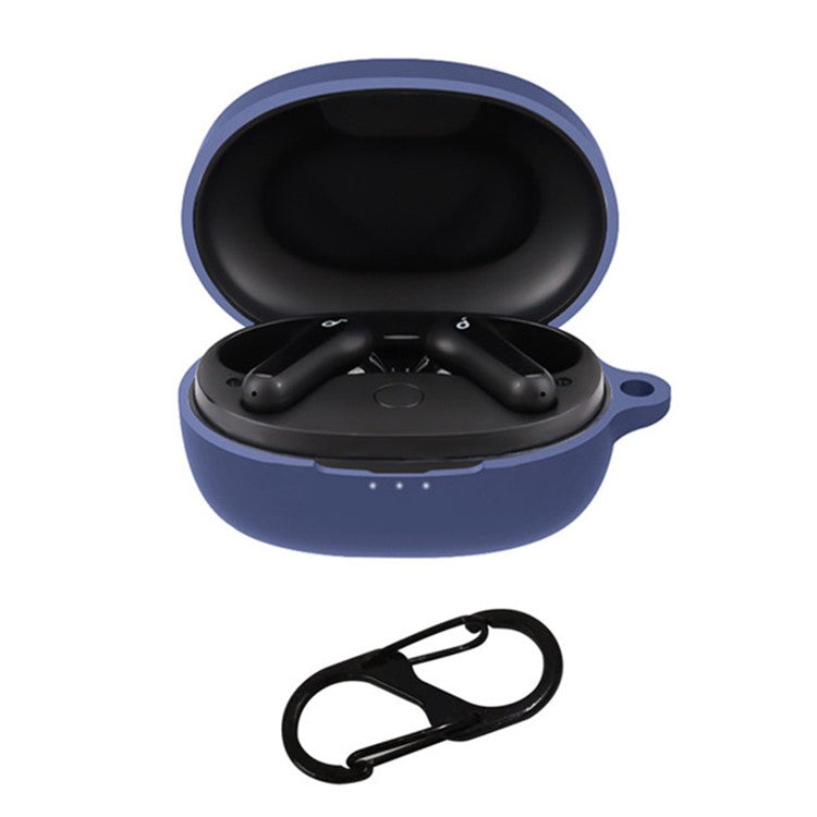 For Anker SoundCore Life P2 Mini Wireless Earphone Case Silicone Protector Cover with Anti-loss Buckle - Dark Blue