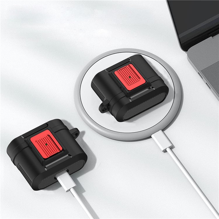 For Apple AirPods 3 Earphone Case PC + TPU Lock Design Earbud Cover with Hanging Buckle - Black / Red