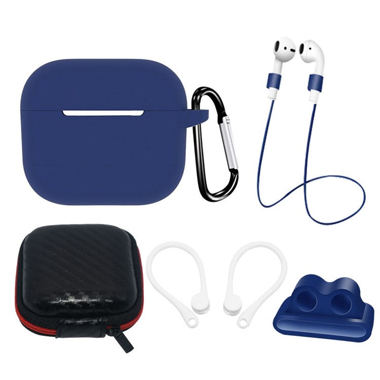 6 in 1 For Apple AirPods 3 Portable Carrying Bag Headset Silicone Case Set with Earbuds Holder / Anti-Lost Neck Strap - Dark Blue