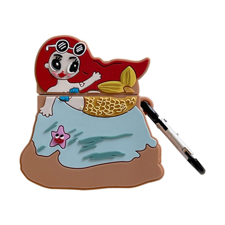 For Apple AirPods with Charging Case (2019) / AirPods with Wireless Charging Case (2019) Silicone Case Mermaid Design Earphone Cover with Carabiner