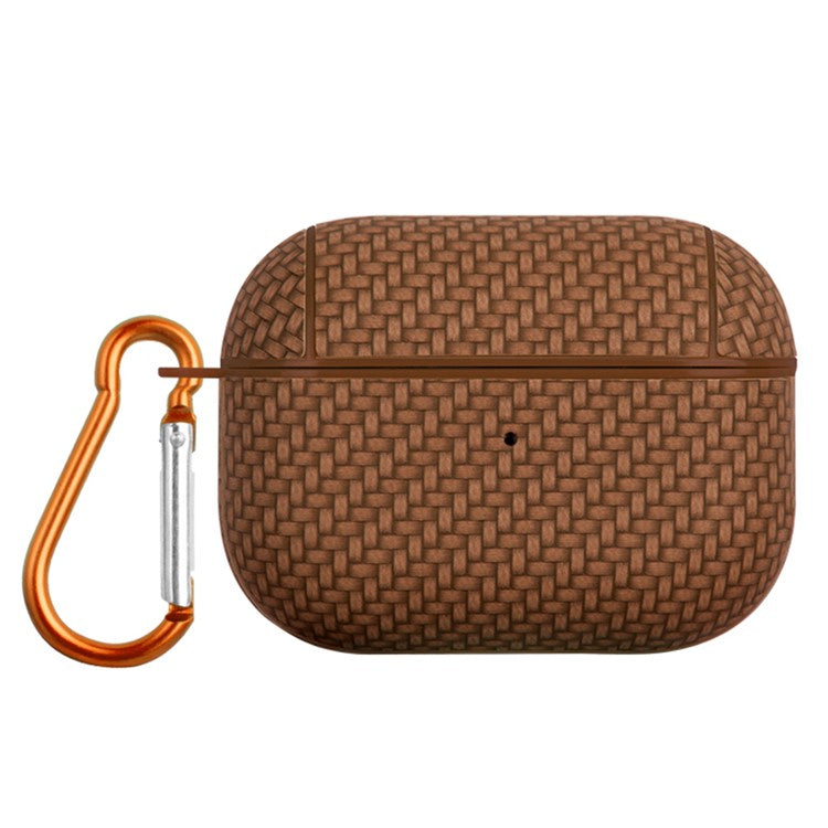 For Apple AirPods Pro Anti-drop Earphone Case PU Leather Coated PC Earbud Cover with Carabiner - Brown