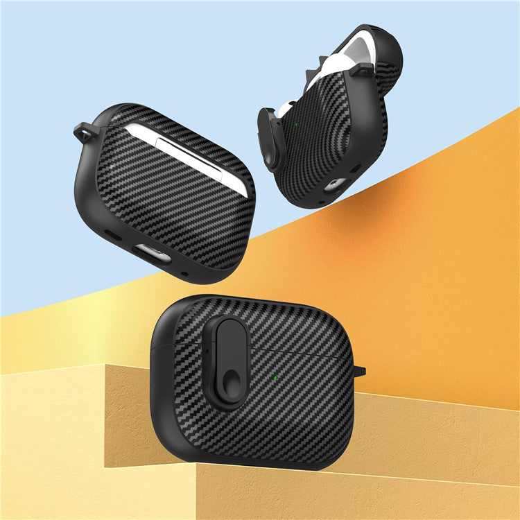 For AirPods Pro 2 Colorful Buckle Earphone Case Carbon Fiber TPU+PC Protective Cover with Keychain - Black+Yellow